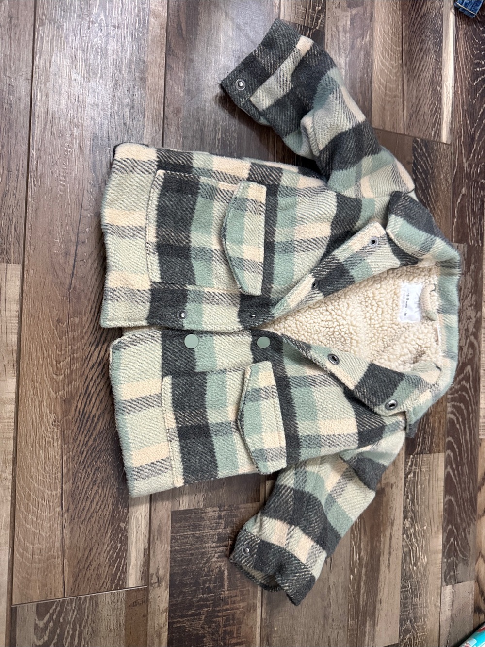 Zara Kids Plaid Sherpa Pea Coat - Green, Cream & Gray